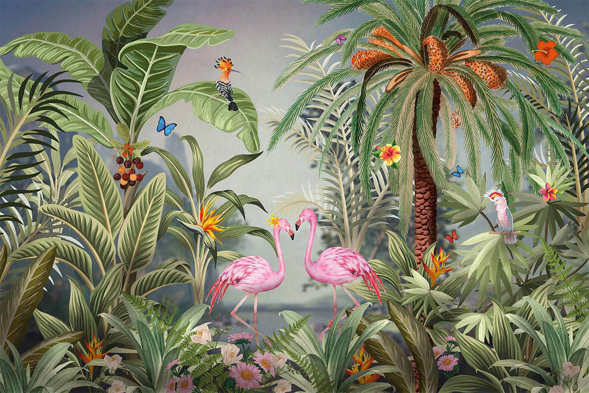 Fototapet vinil palmier flamingo gri inchis