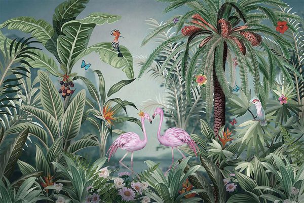 Fototapet vinil palmier flamingo verde