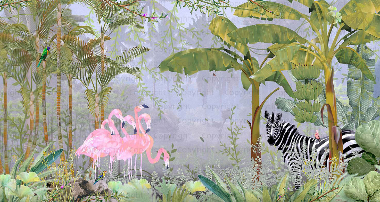 Fototapet vinil tropical flamingo zebra mov